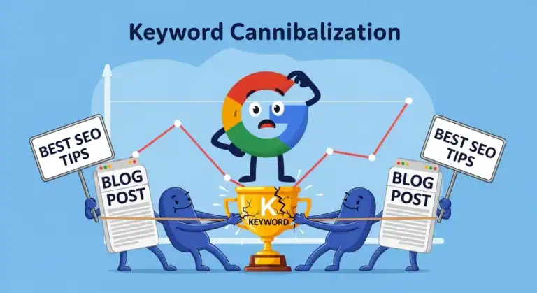 Keyword Cannibalization illustration. Blog posts competing for a broken keyword trophy.
